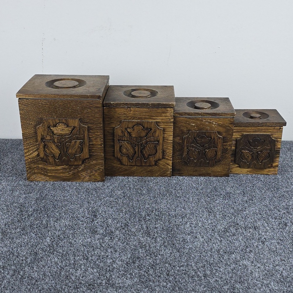 Vintage 1977 Sears Roebuck Nesting Kitchen Canister Set Wood Floral Inlay Japan